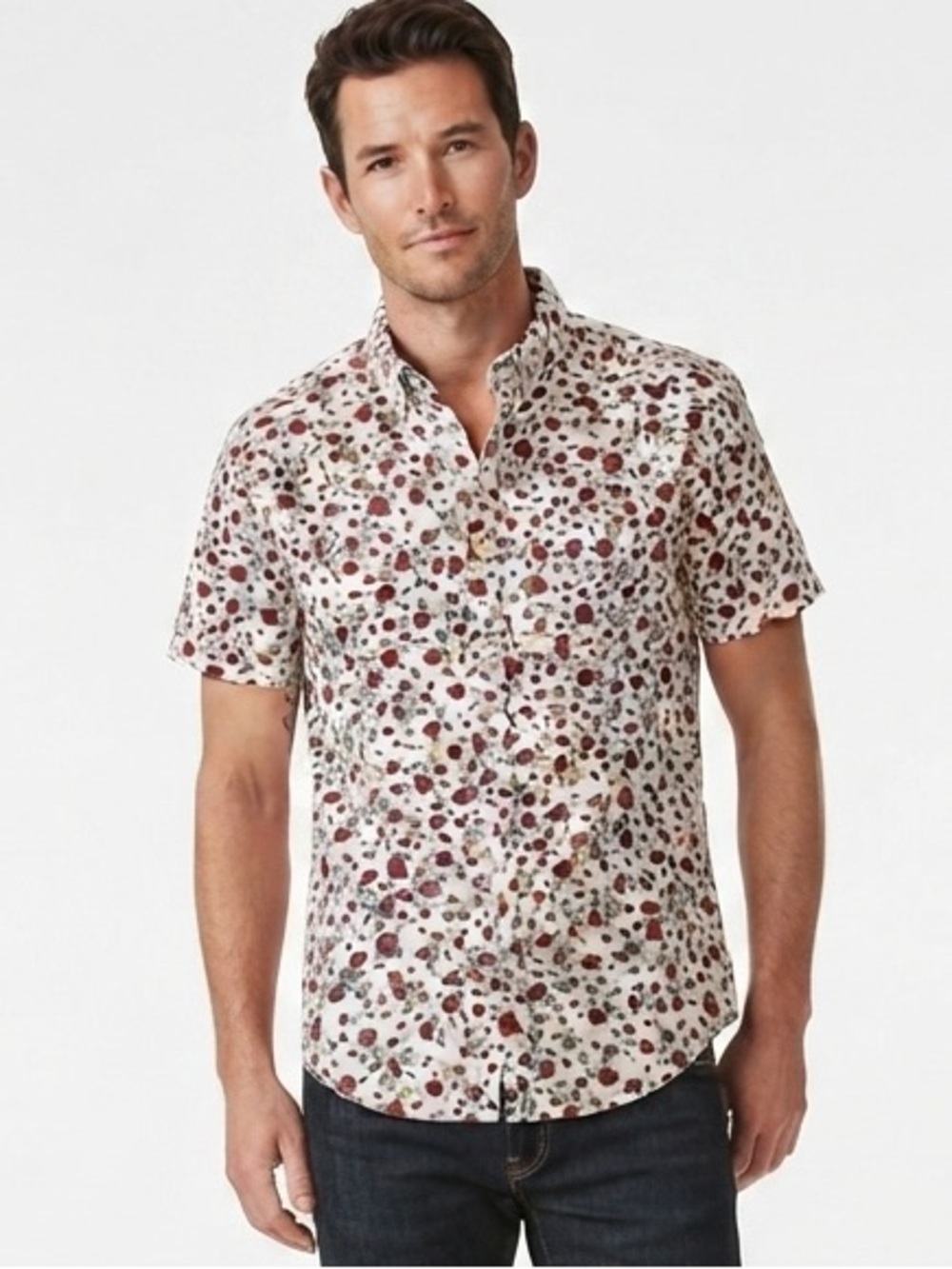 Dravus Mens Short Sleeve Button Down Shirt Red Rose Floral Print Size Medium